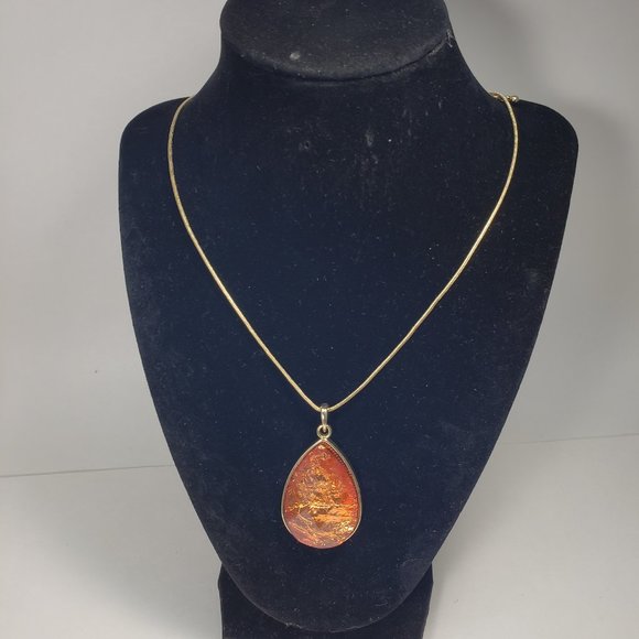 Jewelry - Polished Gold-tone 18 inches Necklace with Water drop shape Blood Orange pendant